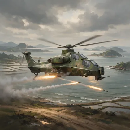Un helicóptero Z-10ME dispara cohetes sobre la costa
